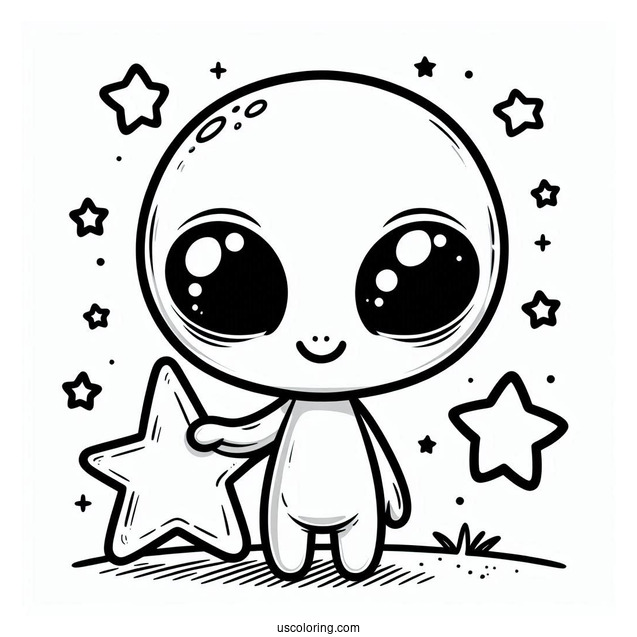 Chibi Alien Coloring Page Holding A Star For Preschoolers