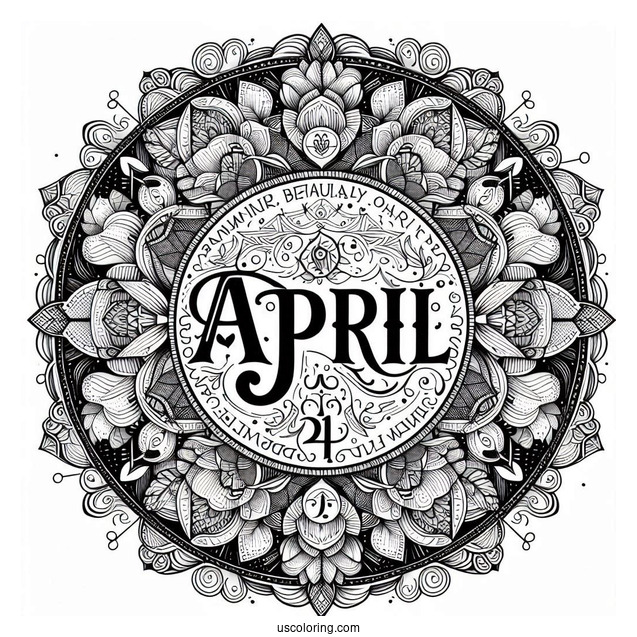 April Coloring Page Bold Text At The Center Of An Intricate Mandala