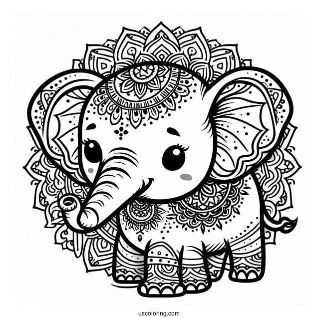 Vintage Baby Elephant Animal Mandala Coloring Page