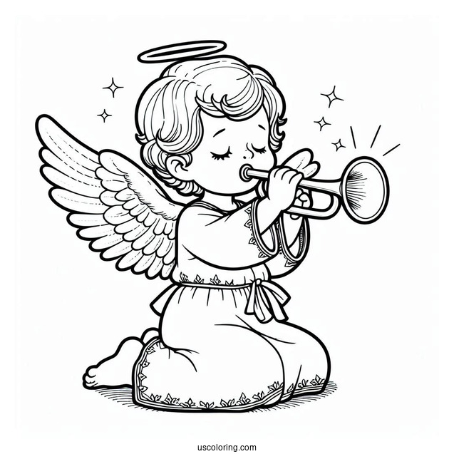Boy Angel In White Robes Playing Trumpet