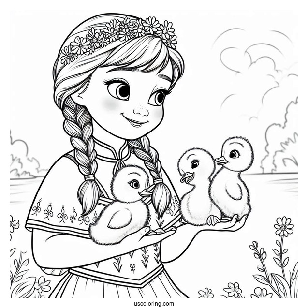 Anna Holding Ducklings Coloring Sheet