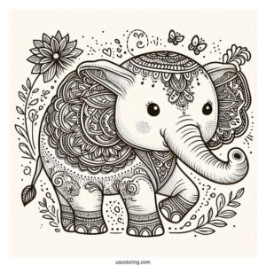 Vintage Baby Elephant Animal Mandala Coloring Page