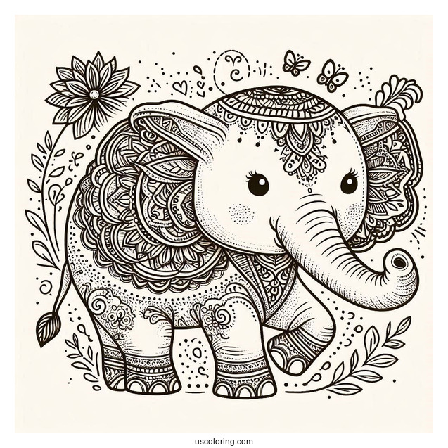 Vintage Baby Elephant Animal Mandala Coloring Page