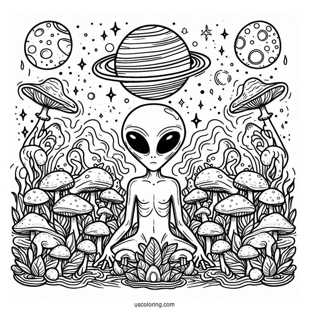 Trippy Alien Coloring Page Surrounded By Mushrooms With Planet At The Back