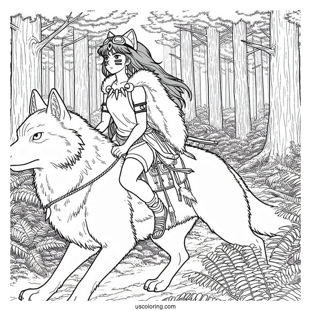 Princess Mononoke Riding Wolf In Cedar Forest