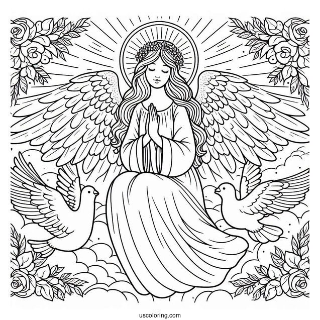 Divine Angel With Doves Coloring Page