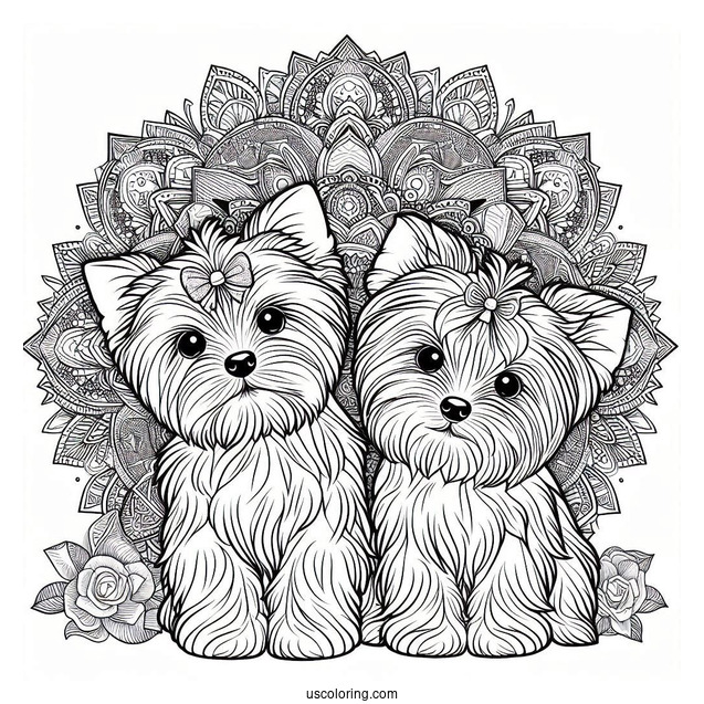 Two Adorable Yorkshire Terrier Dogs In Front Of Animal Mandala Coloring Page