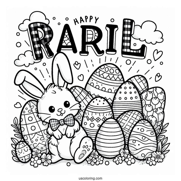 Fun April Coloring Page Word Above Massive Easter Eggs With Bunny