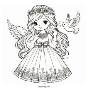 Adorable Angel Girl Holding a Dove To Color