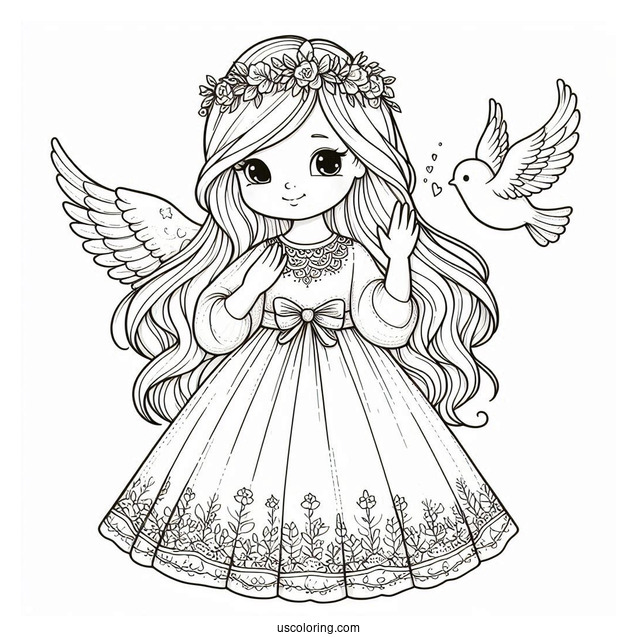 Adorable Angel Girl Holding a Dove To Color