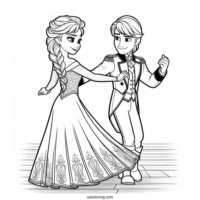 Anna And Elsa Holding Hands In Ballroom Coloring Sheet