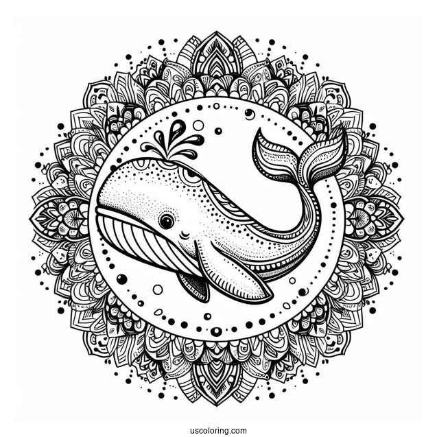 Whale Swimming At The Center Of An Animal Mandala Coloring Page