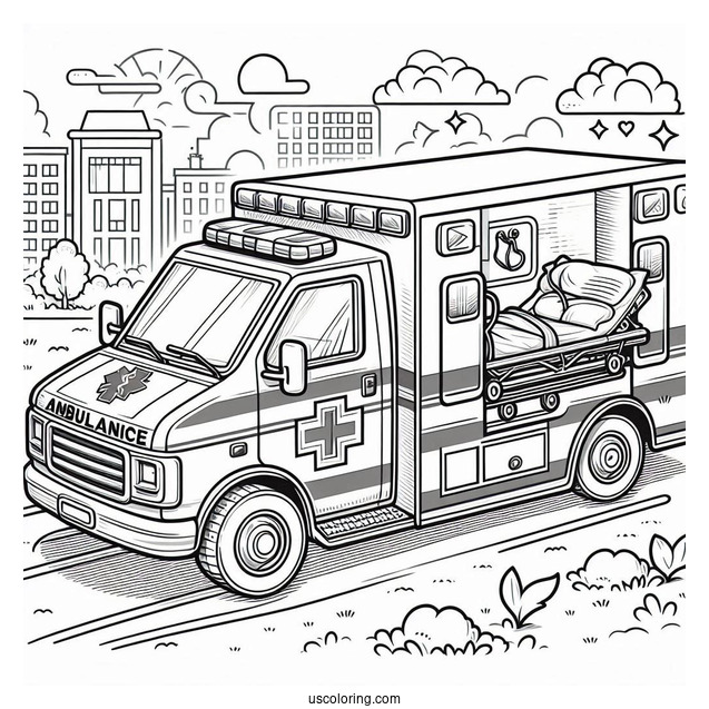 Ambulance Coloring Page Dropping Off Patient At Hospital For Kids