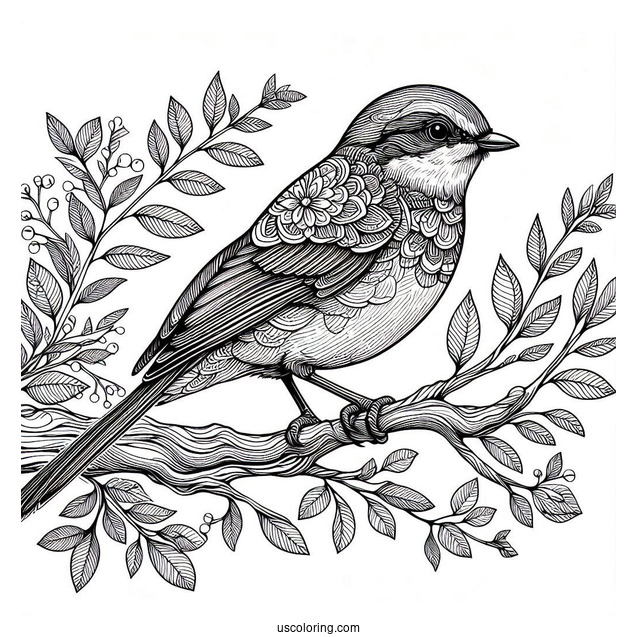 Realistic Bird Perched On A Tree Branch Animal Mandala Coloring Page