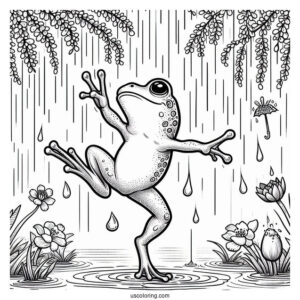Frog Dancing In The Rain Under April Coloring Page Showers