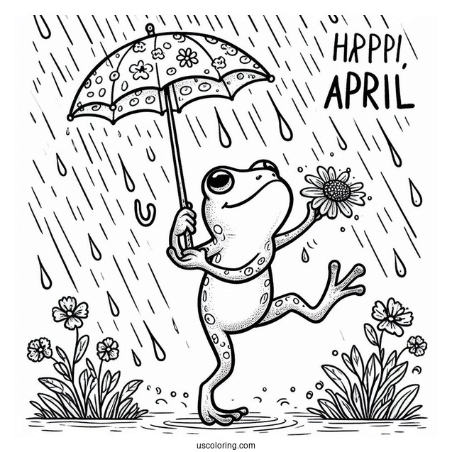 Frog Dancing In The Rain Under April Coloring Page Showers