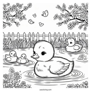 Ducklings Swimming In A Pond In April Coloring Page For Kids