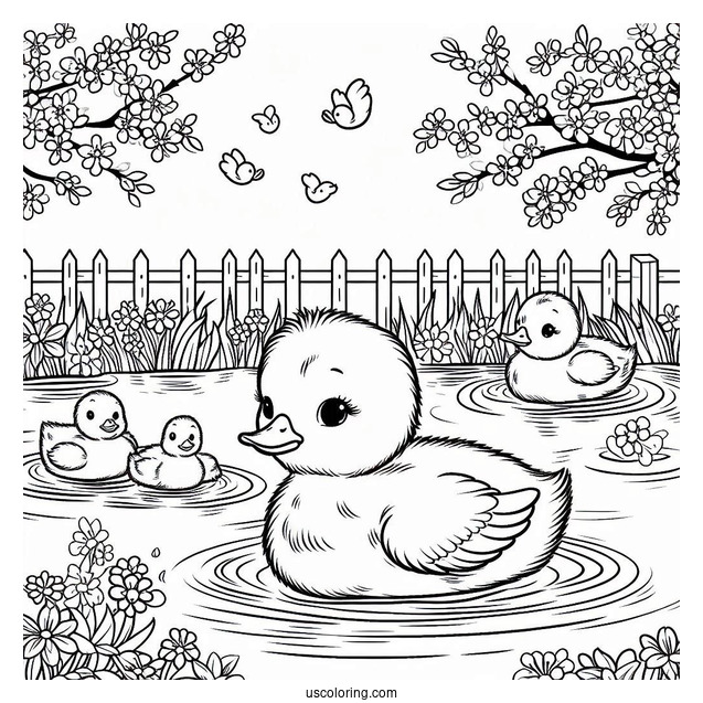 Ducklings Swimming In A Pond In April Coloring Page For Kids