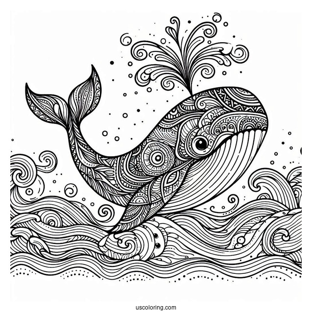 Whale Surfacing From The Waves Animal Mandala Coloring Page