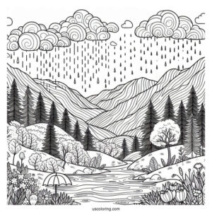 April Coloring Page Showers Over Mountain Landscape