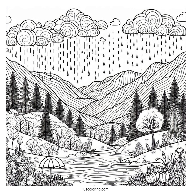 April Coloring Page Showers Over Mountain Landscape