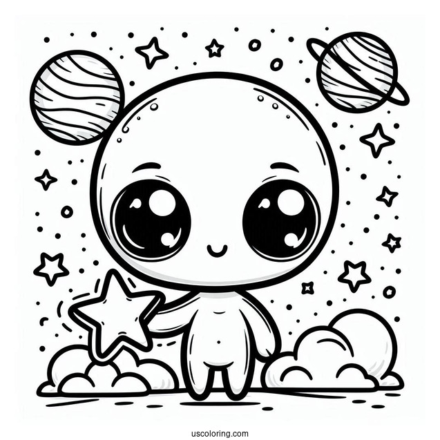 Chibi Alien Coloring Page Holding A Star For Preschoolers