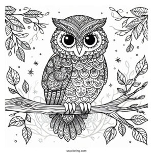 Owl Perched On A Tree Branch Animal Mandala Coloring Page