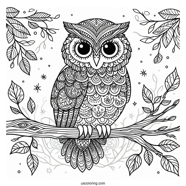 Owl Perched On A Tree Branch Animal Mandala Coloring Page