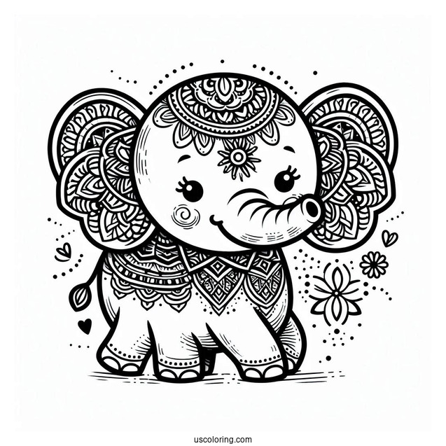 Vintage Baby Elephant Animal Mandala Coloring Page