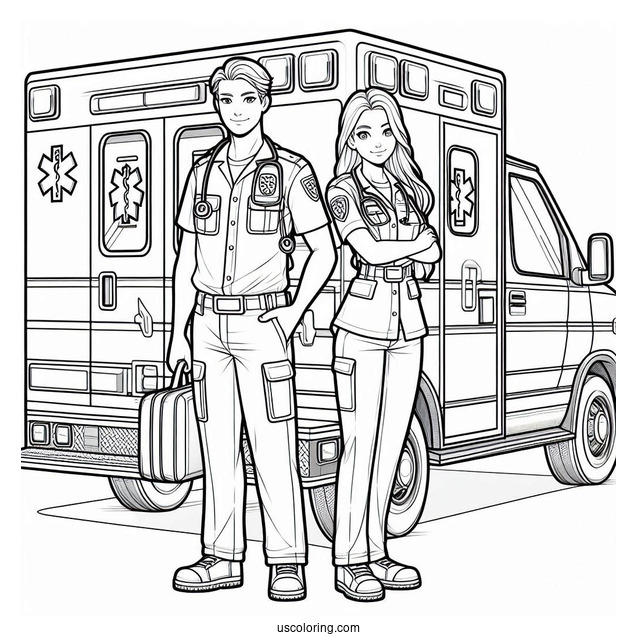 Male And Female Paramedics Standing In Front Of An Ambulance Coloring Page