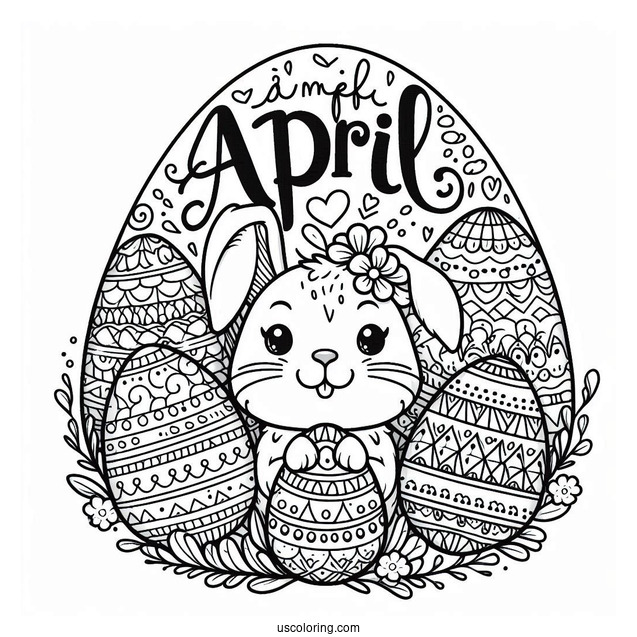 Fun April Coloring Page Word Above Massive Easter Eggs With Bunny
