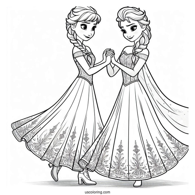 Anna And Elsa Holding Hands In Ballroom Coloring Sheet