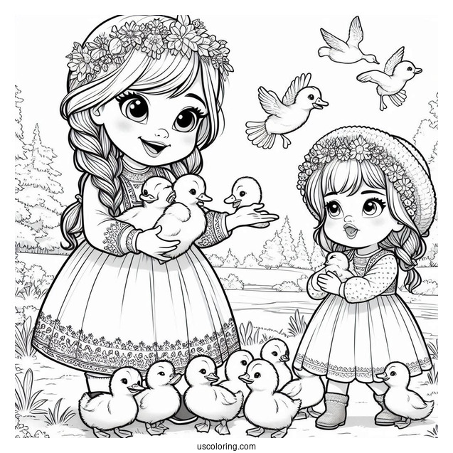 Anna Holding Ducklings Coloring Sheet