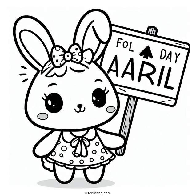 Kawaii Bunny Holding Up An April Coloring Page Fool's Day Sign