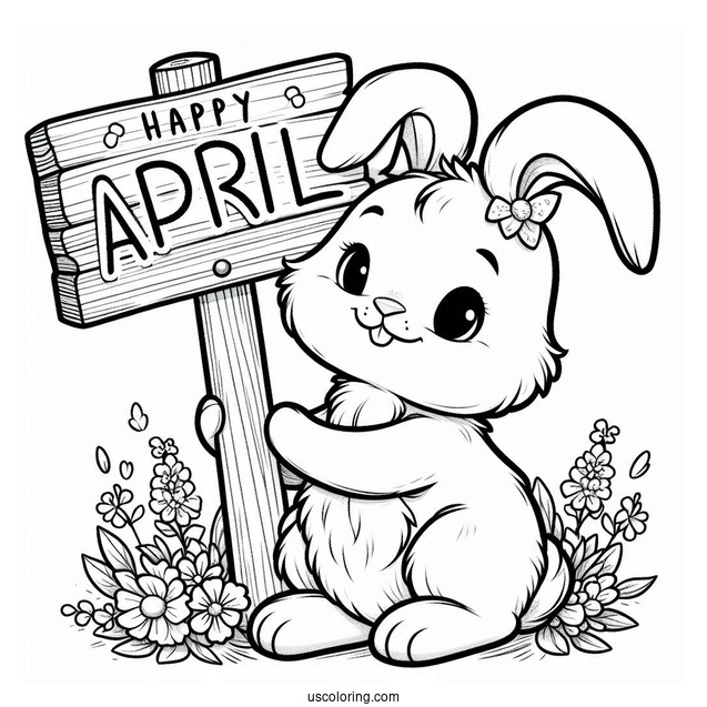 Easter Bunny Holding An April Coloring Page Signage For Kids
