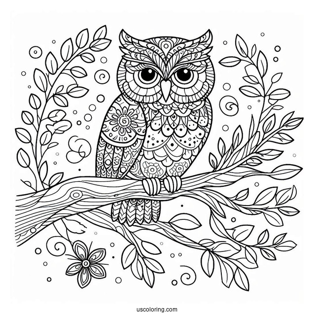 Owl Perched On A Tree Branch Animal Mandala Coloring Page