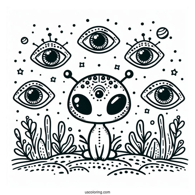 Cute Alien Coloring Page With Five Eyes For Kids