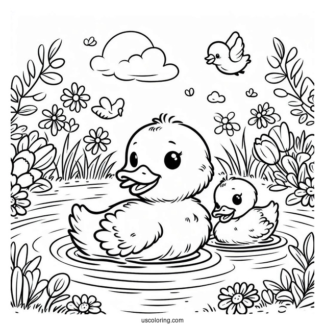Ducklings Swimming In A Pond In April Coloring Page For Kids