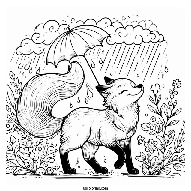 Fox Strolling Under April Coloring Page Showers