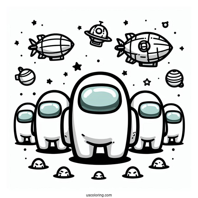 Among Us Crewmates in Airship Skins Coloring In