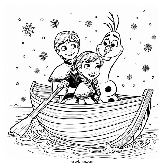 Anna And Olaf Riding Ice Boat In Water Coloring Page