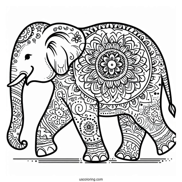 Simple Walking Elephant Animal Mandala Coloring Page