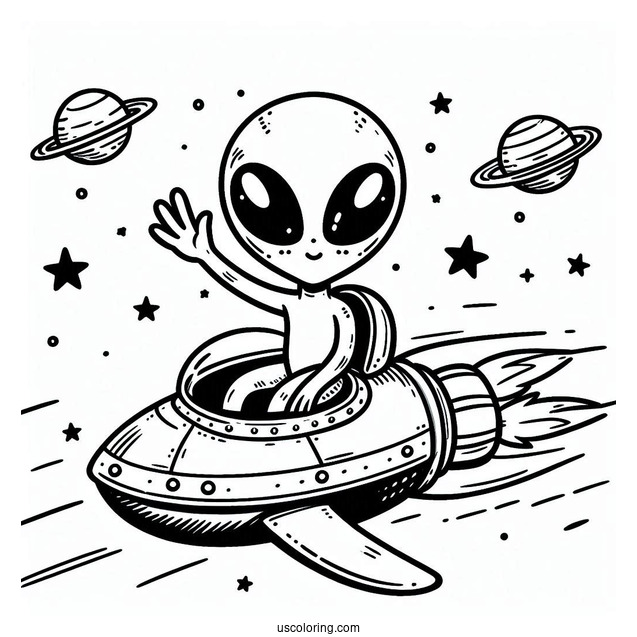 Cute Alien Coloring Page Waving From A Spaceship
