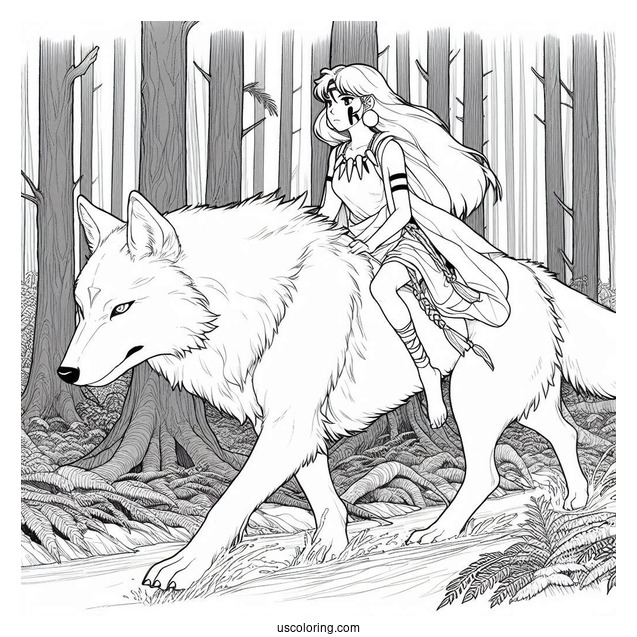 Princess Mononoke Riding Wolf In Cedar Forest