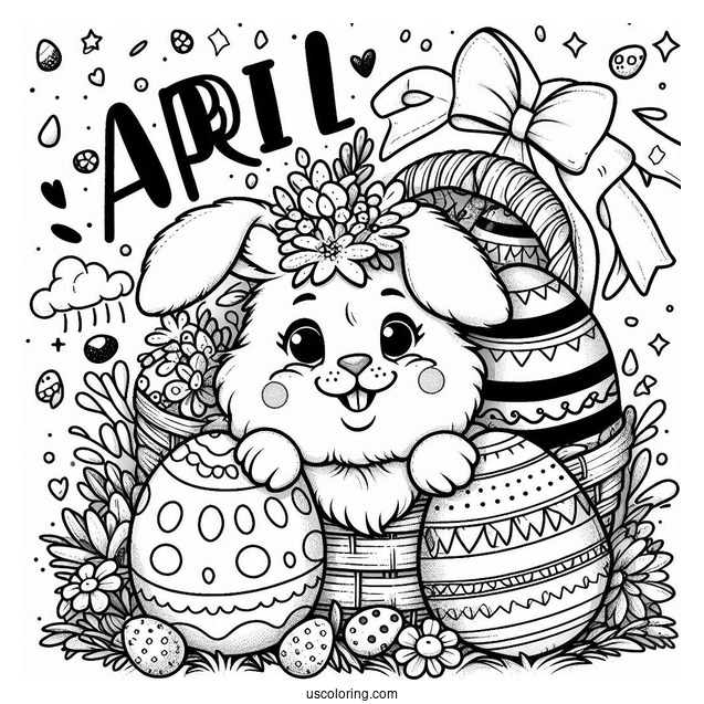 Fun April Coloring Page Word Above Massive Easter Eggs With Bunny