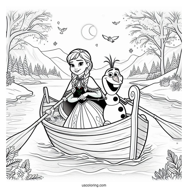 Anna And Olaf Riding Ice Boat In Water Coloring Page