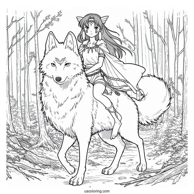 Princess Mononoke Riding Wolf In Cedar Forest