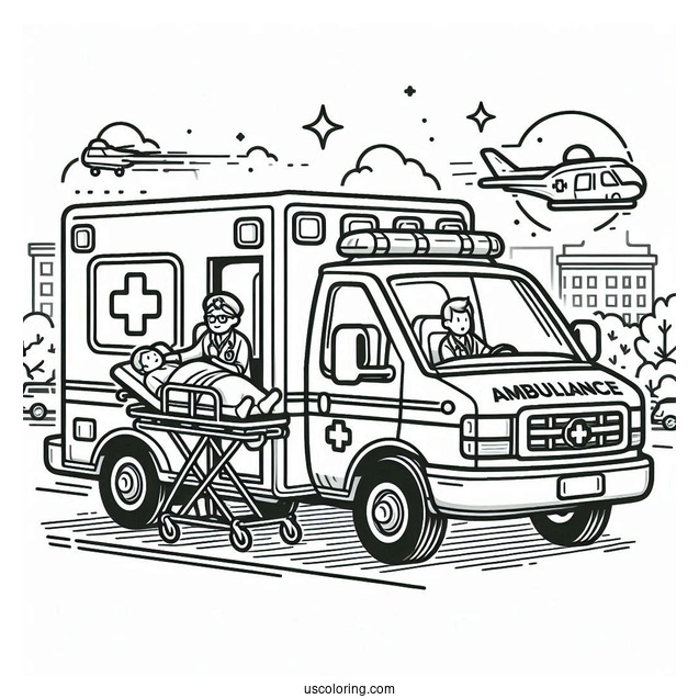 Ambulance Coloring Page Dropping Off Patient At Hospital For Kids
