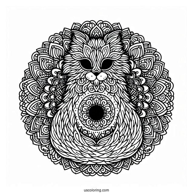 Furry Cat Inside A Complex An Animal Mandala Coloring Page