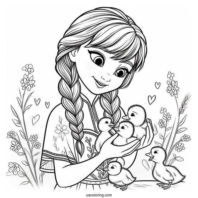 Anna Holding Ducklings Coloring Sheet